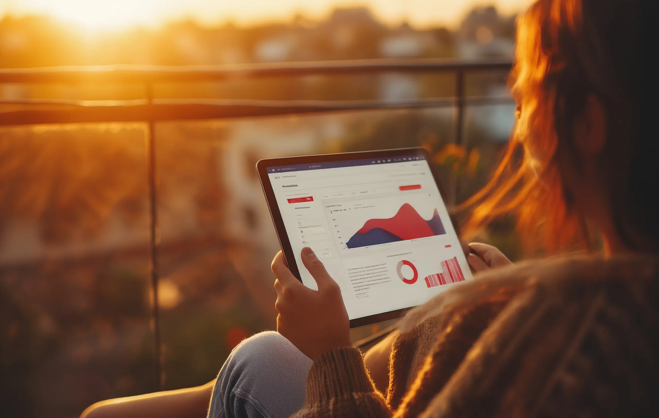 Antreprenoare citind raportul financiar al firmei pe tabletă, la apus